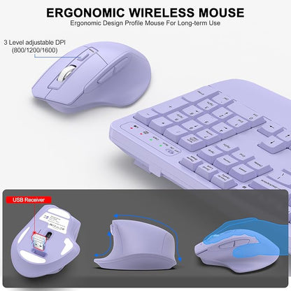 Wireless Keyboard and Mouse Combo, 2.4G Full Size Wave Keys Ergonomic Keyboard with Wrist Rest and 3-Level DPI Adjustable Wireless Ergonomic Mouse for Windows, Mac OS Desktop/Laptop/PC(Purple)