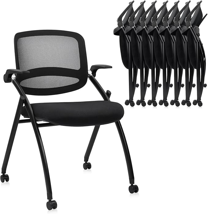 CLATINA Stackable & Foldable Conference Chair with Wheels, Ergonomic Mesh Back, 300lbs Capacity, Breathable Padded Seat, Adjustable Armrests, Office Chair for Reception, Training, Home, Black, 8PK