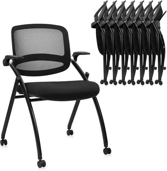 CLATINA Stackable & Foldable Conference Chair with Wheels, Ergonomic Mesh Back, 300lbs Capacity, Breathable Padded Seat, Adjustable Armrests, Office Chair for Reception, Training, Home, Black, 8PK