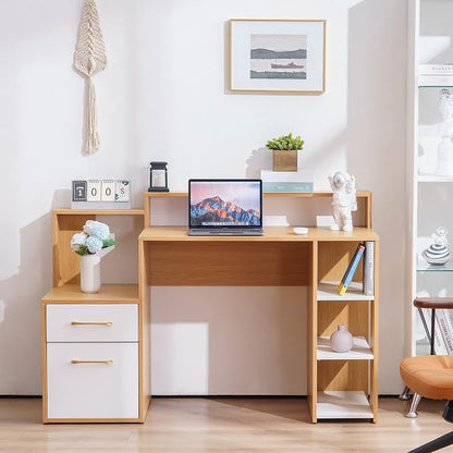 ivinta Computer Desk with Storage Shelves and Drawers, 52" Office Desk with Hutch and Storage Shelf, Modern Writing Desk Study Table for Small Spaces, Bedroom, Home Office 7116 (Oak White)