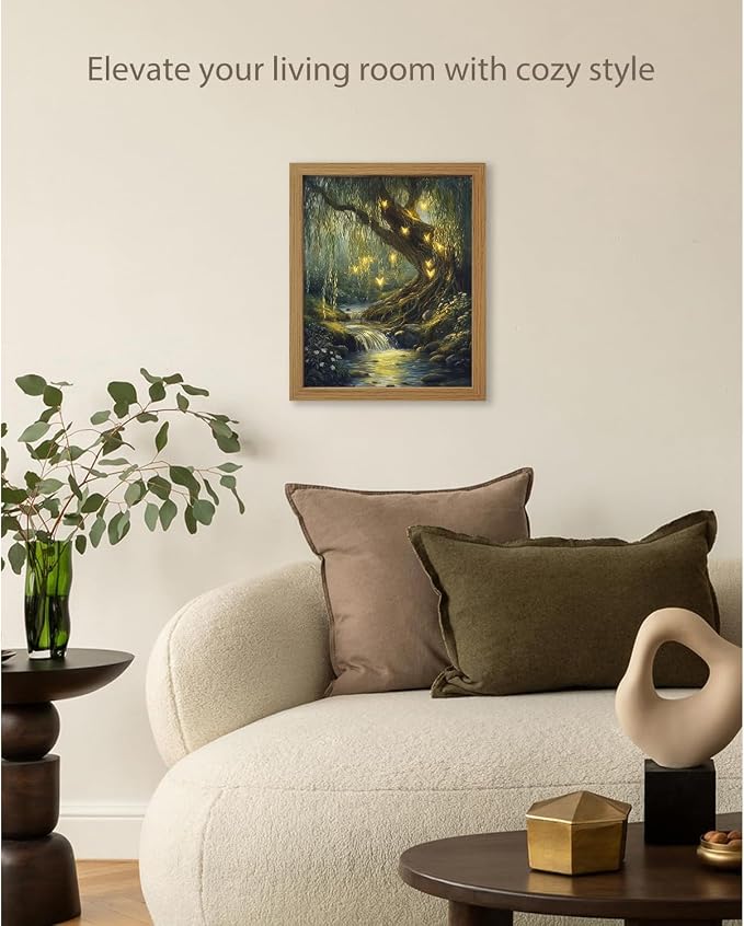 CXQILVER Vintage Enchanted Forest Framed Canvas Wall Art, Mystical Willow Tree and Glowing Butterflies Landscape Painting, Dark Cottagecore Nature Wall Decor for Bedroom Living Room Bathroom 8x10in