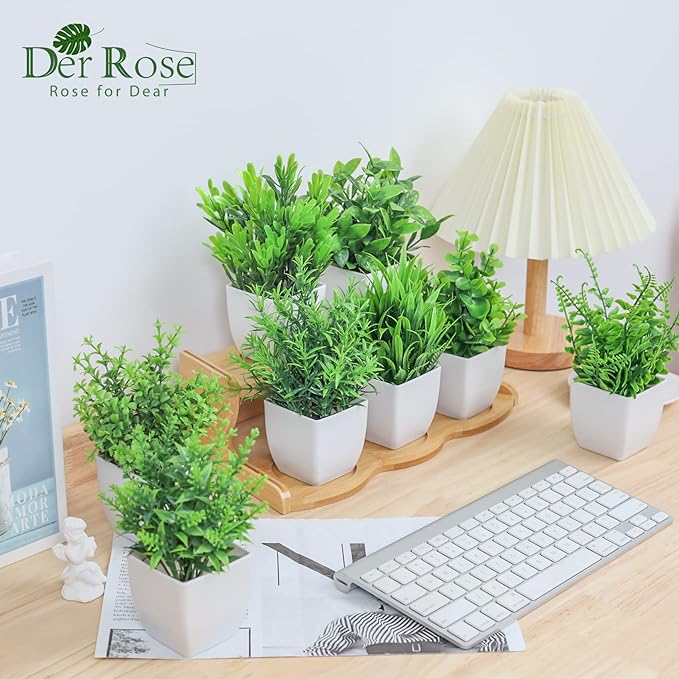 Der Rose 8 Pack Small Fake Plants in White Pots, Bathroom Home Decor Indoor | Realistic artificial plants, no-care potted plant accents, for shelf desk bathroom office bedroom kitchen and farmhouse decor