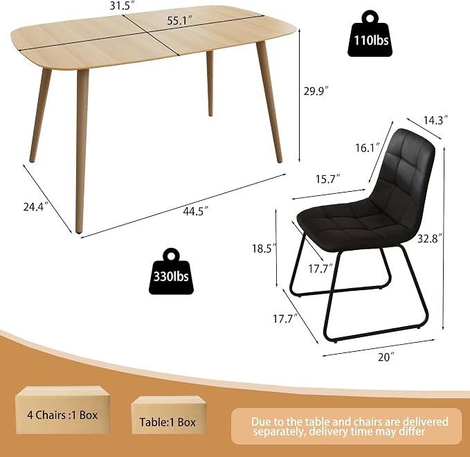 HIPIHOM 55 Inch Modern Wood Dining Table Set for 4 with Black Leather Chairs - Kitchen & Dining Room Furniture, Gray Table & 4 Seater Chairs Set (55.1")