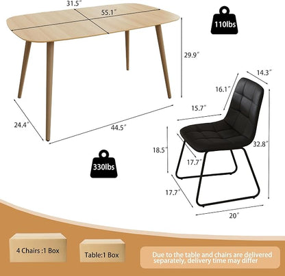 HIPIHOM 55 Inch Modern Wood Dining Table Set for 4 with Black Leather Chairs - Kitchen & Dining Room Furniture, Gray Table & 4 Seater Chairs Set (55.1")