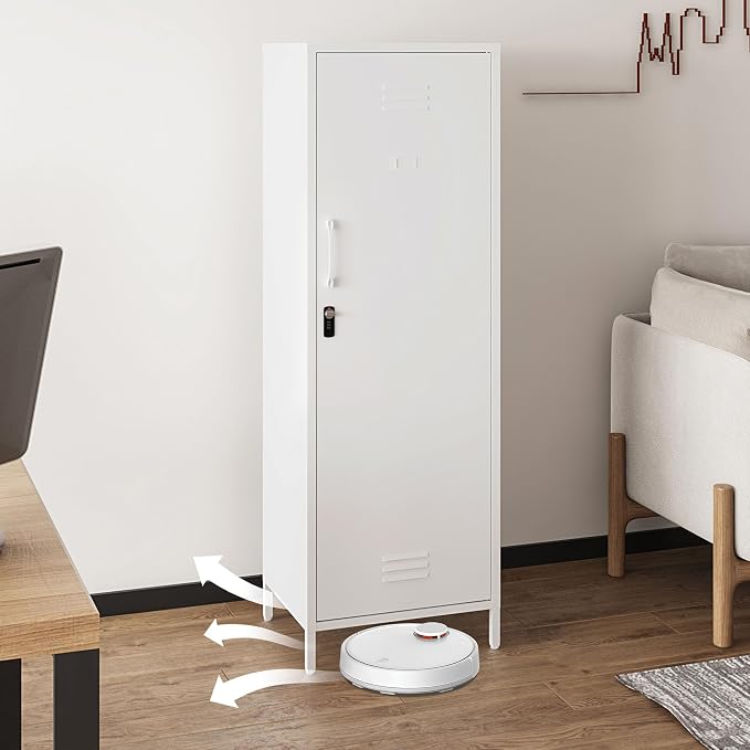 Steehoom Metal Locker Cabinet with Lock, Lockable Steel File Locker with Door and 3 Adjustable Narrow Storage Cabinet Shelves for Living Room, School, Pantry, Garage, Office (White, H59.06'')