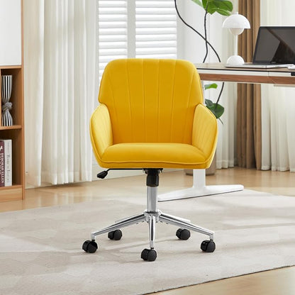 YITAI Velvet Office Desk Chair with Silver Foot Base, with Wheels,Modern Height Adjustable 360 Degree Swivel Upholstered Vanity Chairs with Arms for Living Room Bedroom,Yellow
