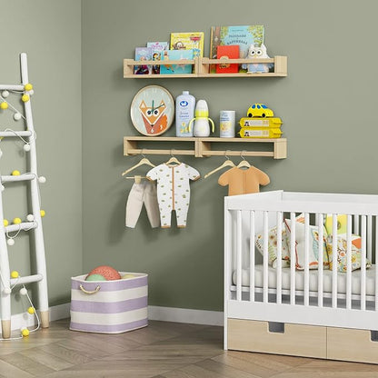 Forbena Natural Wood Nursery Book Shelves Wall Mounted, Floating Bookshelf for Kids Room, Baby Toys and Books Storage Organizer Bookshelves for Toddler Child Bedroom Bathroom (4 Pack Light Wood)