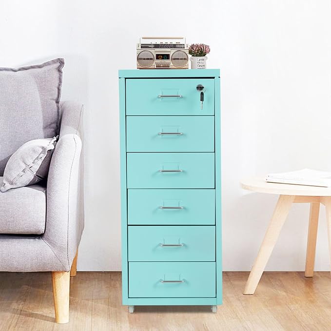 Vertical File Cabinet, 6 Drawers Rolling File Organizer Cabinets with Lock, Heavy Duty Metal Storage Cabinet, Movable Under Desk Filing Cabinet for Office, Study, Dresser (Blue)