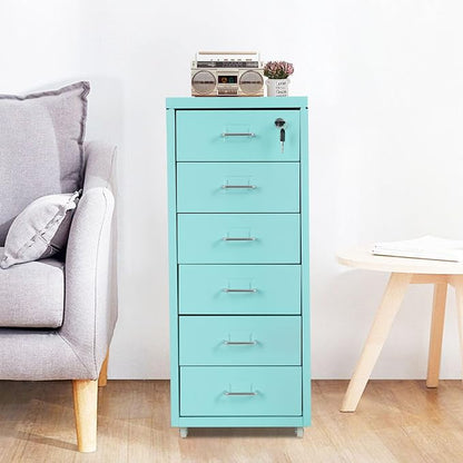 Vertical File Cabinet, 6 Drawers Rolling File Organizer Cabinets with Lock, Heavy Duty Metal Storage Cabinet, Movable Under Desk Filing Cabinet for Office, Study, Dresser (Blue)