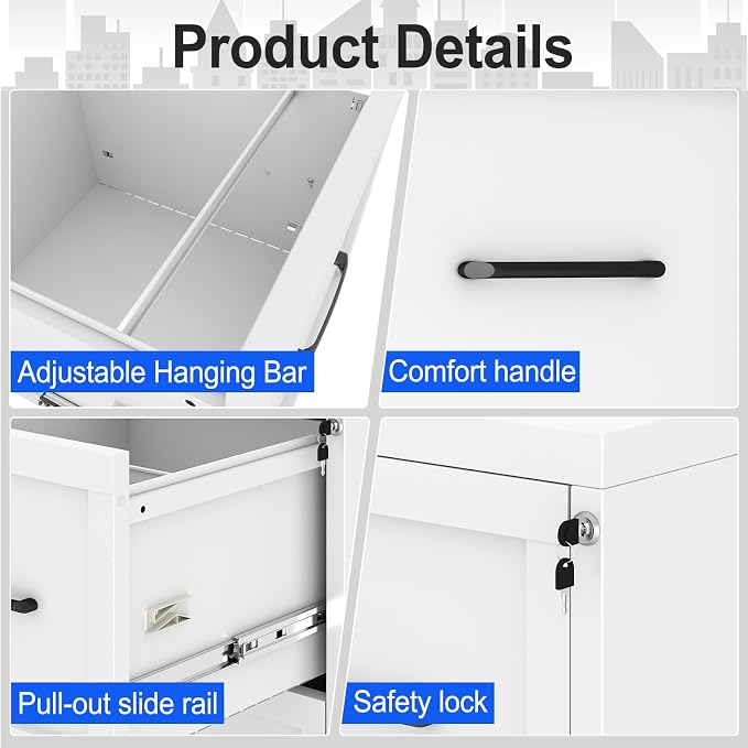 Small Metal 2-Drawer File Cabinet, Under-Desk Filing Cabinet, White | Locking, Adjustable Hanging Rail, Fit A4, FC, Letter, Hanging File Folders for Home Office Storage Organization, 1PS