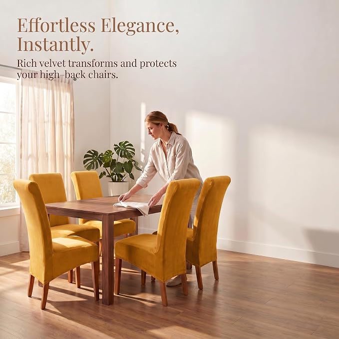 Deisy Dee Stretch XL/Oversized Extra Large Velvet Dining Room Chair Covers for Kitchen Dining，Removable Washable Chair Protectors Slipcovers (Golden Yellow, 2)