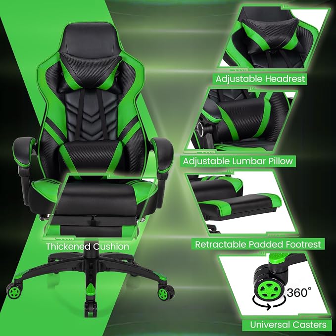 Goplus Gaming Chair, Computer Chair with Footrest and Lumbar Support, Height Adjustable Executive Swivel Rolling Task Chair with 90°-155° Tilt Function (Green)