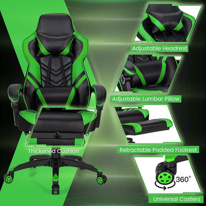 Goplus Gaming Chair, Computer Chair with Footrest and Lumbar Support, Height Adjustable Executive Swivel Rolling Task Chair with 90°-155° Tilt Function (Green)