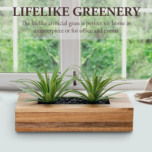 MyGift 10 Inch Artificial Green Grass Plants in Deluxe Acacia Solid Wood Decorative Planter Pot, Faux Greenery in Rectangular Wooden Container