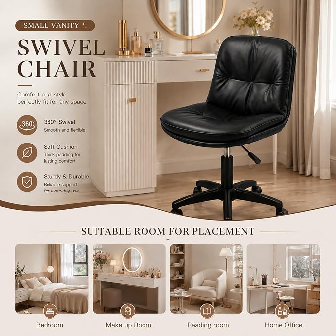 Vanity Chair with Back, PU Leather Swivel Office Desk Chair, Height Adjustable Armless Chair for Small Spaces, Bedroom, Vanity, Home Office Black