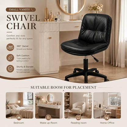 Vanity Chair with Back, PU Leather Swivel Office Desk Chair, Height Adjustable Armless Chair for Small Spaces, Bedroom, Vanity, Home Office Black