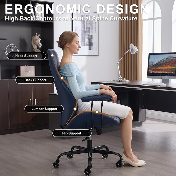Office Chair with Rubber Wheels, Ergonomic Computer Chair 500 lbs, Leather Desk Chair with Lumbar Support, Executive Chair Adjustable Height & Recline, Blue | Ergonomic, Lumbar Support, 360° Swivel & Rolling Wheels, Adjustable Height, for Adults & Women