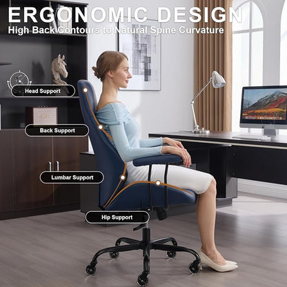 Office Chair with Rubber Wheels, Ergonomic Computer Chair 500 lbs, Leather Desk Chair with Lumbar Support, Executive Chair Adjustable Height & Recline, Blue | Ergonomic, Lumbar Support, 360° Swivel & Rolling Wheels, Adjustable Height, for Adults & Women
