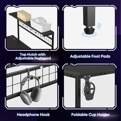 Bestier 42 L Gaming Desk,Computer Desk with Power Outlets, LED Lights, Reversible Corner Desk with 4-Tier Shelves,Cup Holder & Hook Carbon Fiber Black