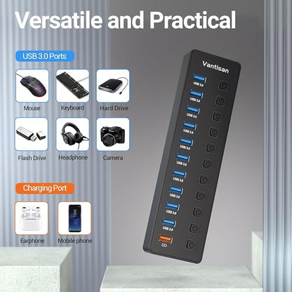 Powered USB Hub, 11-Port USB 3.0 Hub Splitter - 10 USB 3.0 Data Transfer Ports + 1 Smart Charging Port, USB Hub 3.0 Powered with Individual LED On/Off Switches and 5V/4A Power Adapter