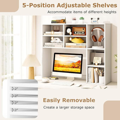 Tangkula Desktop Bookshelf, 37" Countertop Storage Hutch with 7 Cubes & 3 Adjustable Shelves, 3-Tier Desk Display Rack Organizer, Multipurpose Wood Desktop Hutch for Dorm Home Office (White)