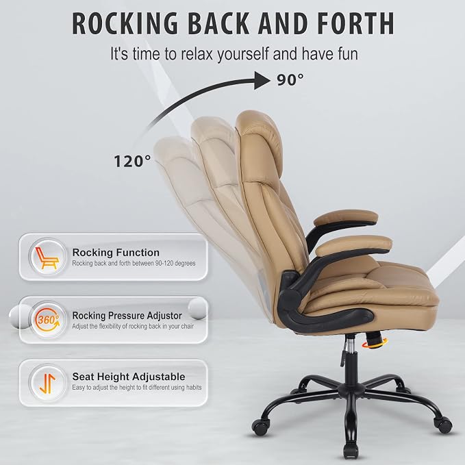 Big Tall Executive Office Chairs with Lumbar Support PU Leather Rocking Managerial Chair Comfy Swivel Desk Chairs with Wheels Flip-up Armrests, Khaki