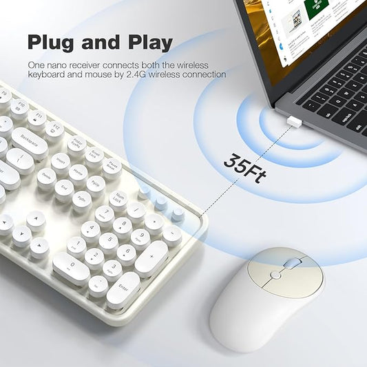 MOFII Wireless Keyboard and Mouse Combo, Computer Full Size 2.4G Plug and Play Wireless Typewriter Retro Round Keyboard and Mouse Set for Windows, Computer, Desktop, PC, Notebook - (Off White)