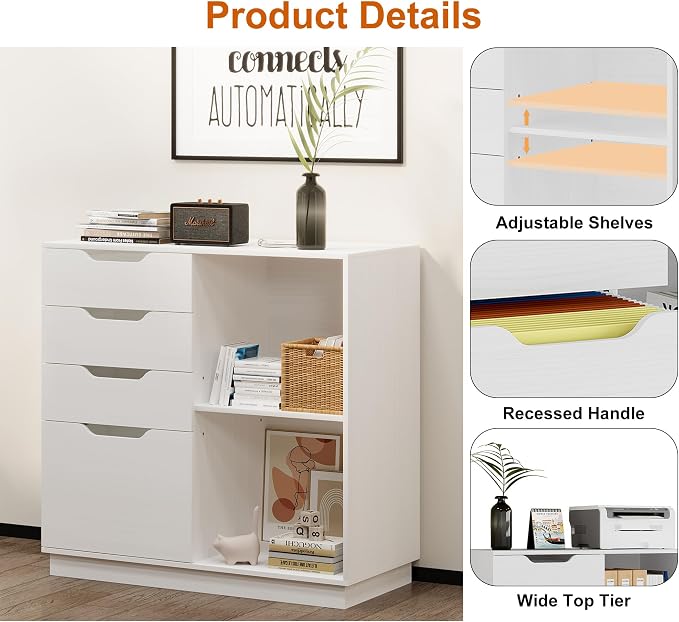 TQVAI 4 Drawer Filing Cabinet Organizer with 2 Open Shelves, Heavy Duty for Storing Letter A4 Size and Printer, Wood Lateral File Cabinets for Home Office, Hanging Files, White, Easy Assembly