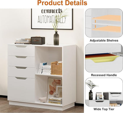 TQVAI 4 Drawer Filing Cabinet Organizer with 2 Open Shelves, Heavy Duty for Storing Letter A4 Size and Printer, Wood Lateral File Cabinets for Home Office, Hanging Files, White, Easy Assembly
