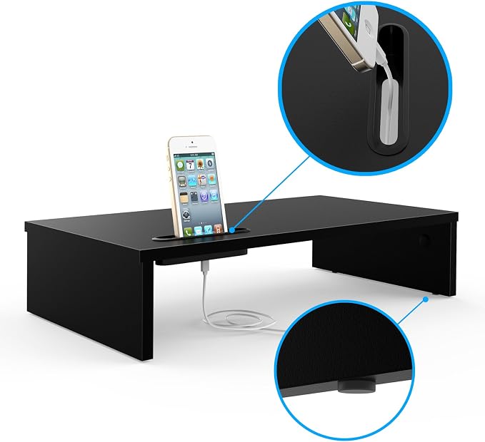 1home Ergonomic Monitor Stand Riser, 21.3 Inch Wood Desktop Stand with Cellphone Holder and Cable Management, Black