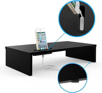 1home Ergonomic Monitor Stand Riser, 21.3 Inch Wood Desktop Stand with Cellphone Holder and Cable Management, Black