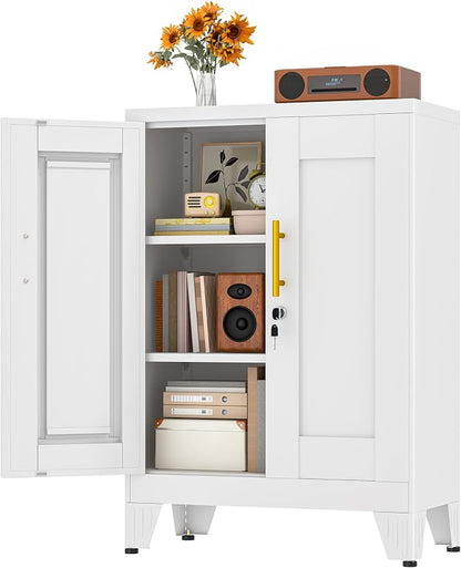 White Metal Storage Cabinet, 36" Tall Locking Storage Cabinet with 2 Adjustable Shelves, Steel Locker Organizer, for Office, Home, School, 11.81" D x 23.62" W x 35.83" H