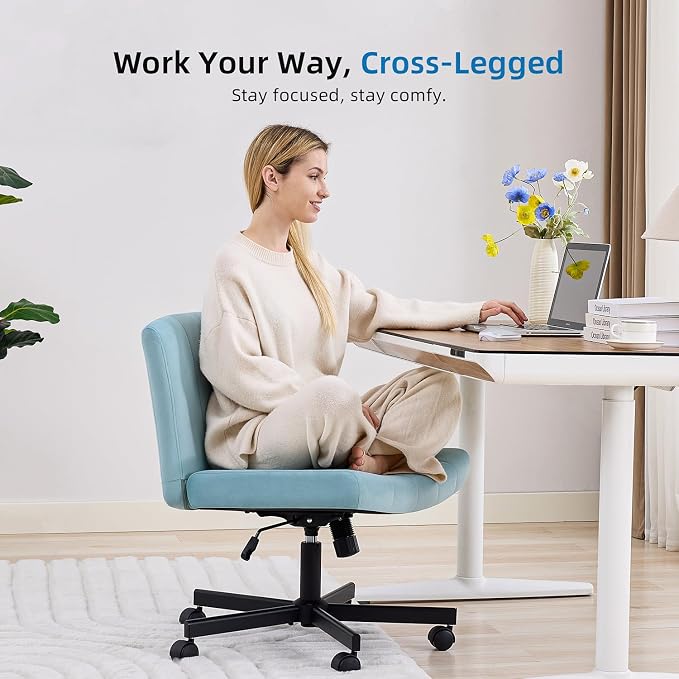 amseatec Criss Cross Chair, Wide Cross Legged Desk Chair with Wheels, Comfy Fabric Vanity Chair for Home Office, Adjustable Armless Swivel Task Chair with 90–115°Tilt（300Lbs/Blue）