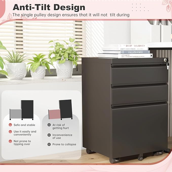 Superday Black File Cabinet 3 Drawer, Fully Assemble Metal Rolling Vertical Filing Cabinet with Wheels, Small Under Desk File Cabinets for Home Office
