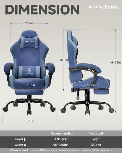GTPLAYER Gaming Chair with Footrest, Computer Gaming Chair for Adults, Height Adjustable Gamer Chair with 90-155° Recline & Removable Headrest Lumbar Support,Performance Fabric Blue