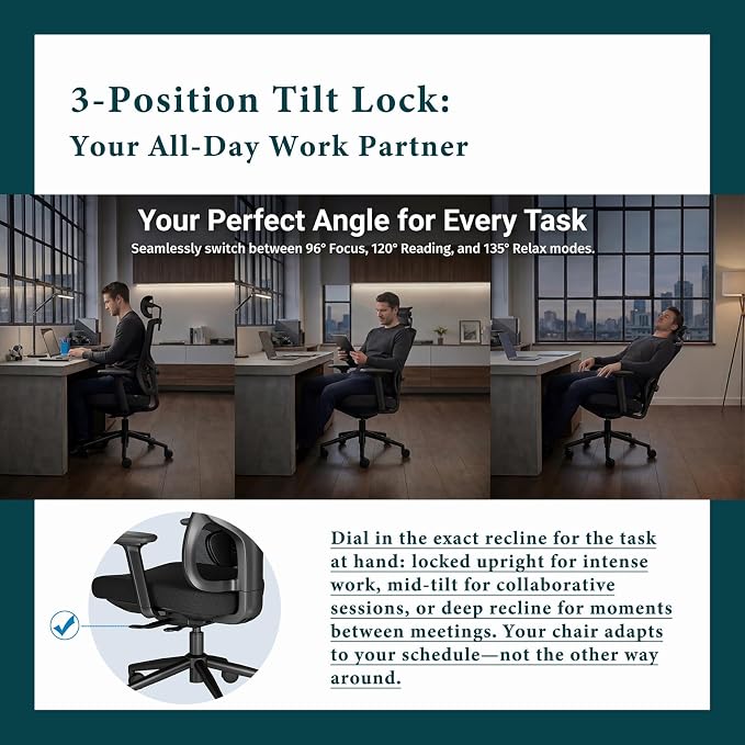 Ergonomic Office Chair with Breathable Mesh Back & Thick Cushion Seat, 4D Armrests, 3D Headrest, Adjustable Lumbar Support & Seat Depth, High Back Desk Chair with Tilt Lock (Black)
