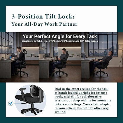 Ergonomic Office Chair with Breathable Mesh Back & Thick Cushion Seat, 4D Armrests, 3D Headrest, Adjustable Lumbar Support & Seat Depth, High Back Desk Chair with Tilt Lock (Black)