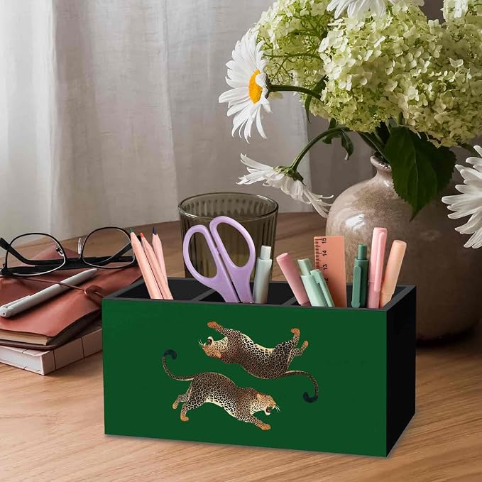 DILSJ Trendy Vintage Leopard Pen Pencil Holder Organizer for Desk, Cheetah Room Decor, Green Cheetah Print Desk Wooden Box Signs for Women Bedroom Tabletop Decoration Office & School Supplies