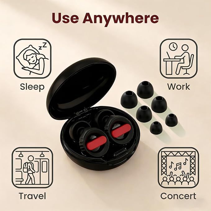 Ear Plugs for Noise Reduction – Reusable Silicone Earplugs with Filter Technology for Sleeping, Travel, Focus, Concerts & Motorcycling Ear Plug +8Tip (Black-Black)