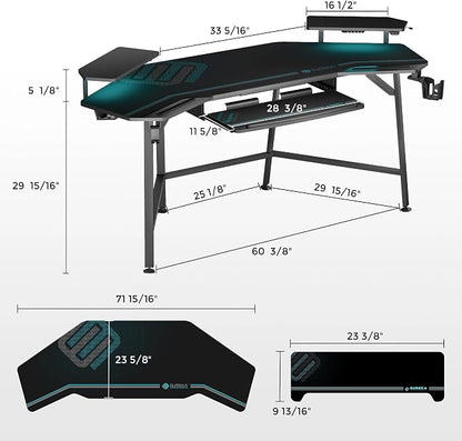 EUREKA ERGONOMIC Aero 72 Inch Gaming Desk with Keyboard Tray, Large Computer Desk Led Lights, Wing-Shaped Monitor Stand Dual Headphone Hanger Cup Holder for Studio,Streamer,Live,Black