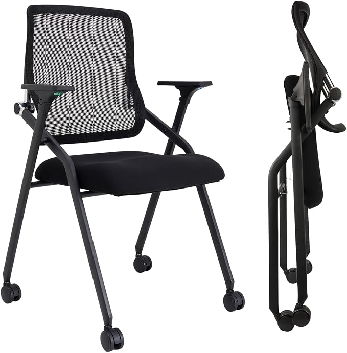 Updated Conference Room Chairs, Folding Office Desk Chair with Lumbar Support and Sliding Armrest with Casters, Stackable Office Guest Chairs & Reception Chairs, 10 Pack Black