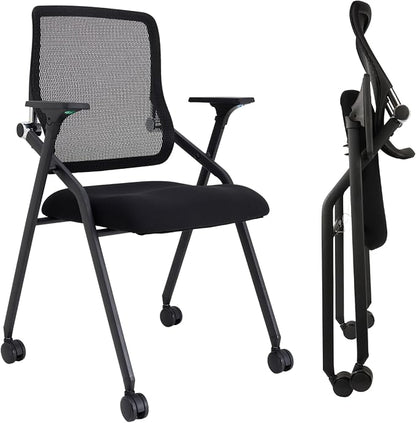 Updated Conference Room Chairs, Folding Office Desk Chair with Lumbar Support and Sliding Armrest with Casters, Stackable Office Guest Chairs & Reception Chairs, 10 Pack Black