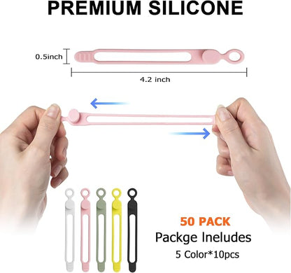 50Pcs Silicone Cable Ties Cord Organizer for Bundling Earphone, Phone Charger, Computer Cords, Reusable Wire Organizer Cable Management in Home,Office,Kitchen,School (5 Colors)