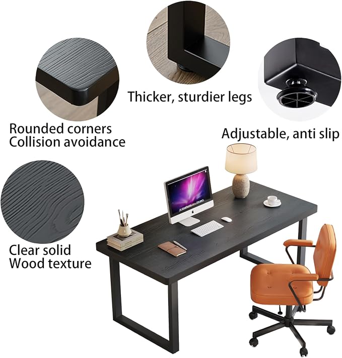 55 Inch Solid Wood Computer Desk with Sturdy Metal Base - Stylish Durable Office/Study Desk in Black, Multiple Sizes for Home Office Workspace