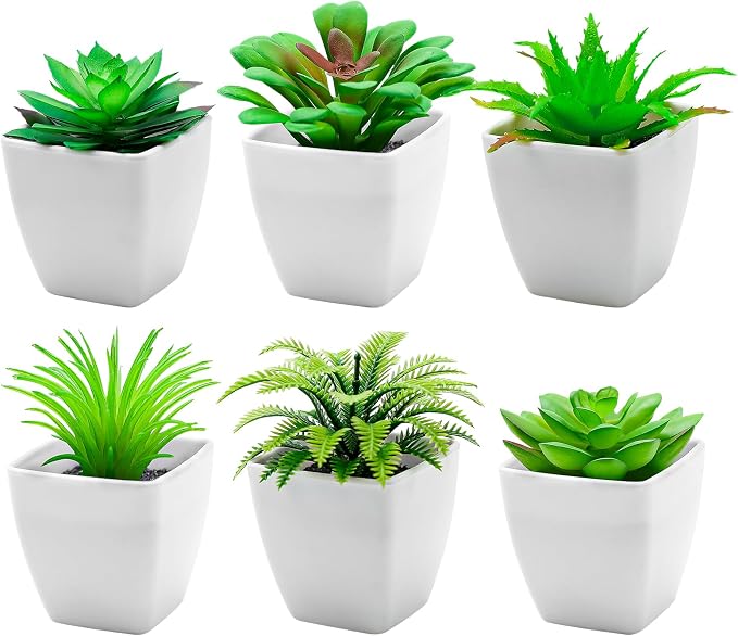 6pcs Mini Artificial Succulents in Pot, Fake Potted Succulent Plant | lifelike faux small greenery succulent bulk set, assorted plastic succulent plants, office desk bedroom shelf home decoration