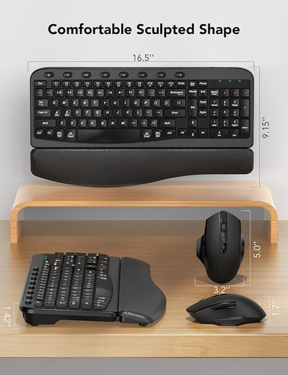 SABLUTE Wireless Keyboard and Mouse Combo – Ergonomic Wave Key, Built-in Leather Soft Palm Rest, 2.4G Full Size, 6-Button Mouse with 4-Level DPI, Dual USB-A/USB-C, MA12 for Windows & macOS Compatible