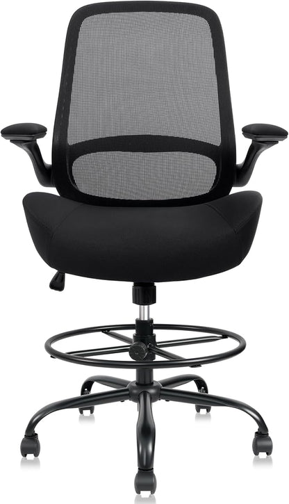 HYLONE 400lbs Big and Tall Heavy Duty Drafting Chair 5" Thickened Seat Tall Office Chair Flip-Up Armrests Ergonomic Chair with Lumbar Support and Adjustable Footrest Ring Standing Desk Chair (Black)