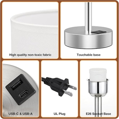 Dicoool White Touch Bedside Lamp with USB - 3 Way Dimmable Table Lamp for Bedroom, Nightstand Lamp with Nickel Charging Station and Silver LampHolder for Dorm Kids Room, Small