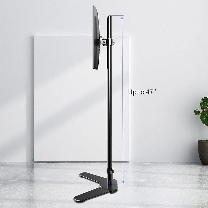 Single Tall Monitor Mount, Extra Long Computer Stand with 47 inch Pole, Floor Computer Stand, Free-Standing Monitor Desk Mount Support 13 to 27 inch Screen,22lbs