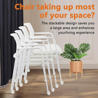 CLATINA Mesh Back Guest Reception Stacking Chair with Wheels, Waiting Room Stackable Chairs with Upholstered Leather Seat & Ergonomic Lumbar Support for Office Conference School Lobby, White, 8 Pack